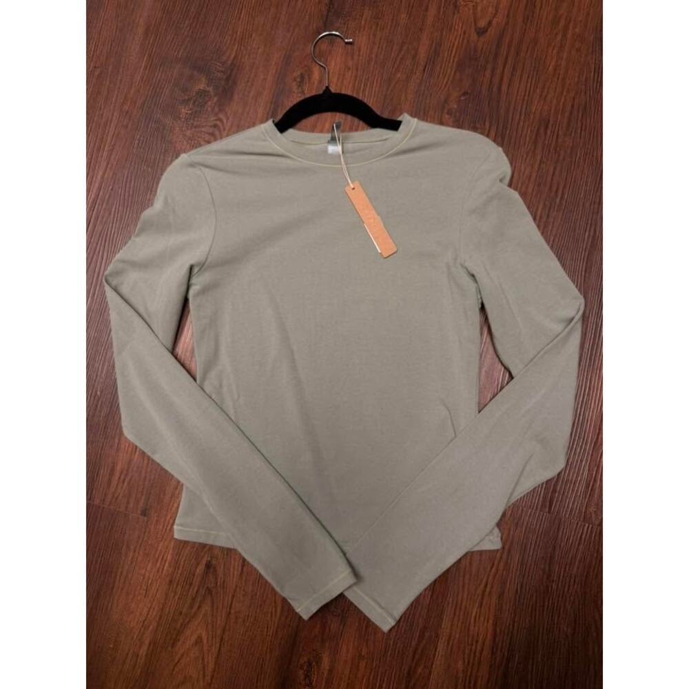 SKIMS COTTON JERSEY Long Sleeve T-Shirt - Mineral Size S NWT #1549